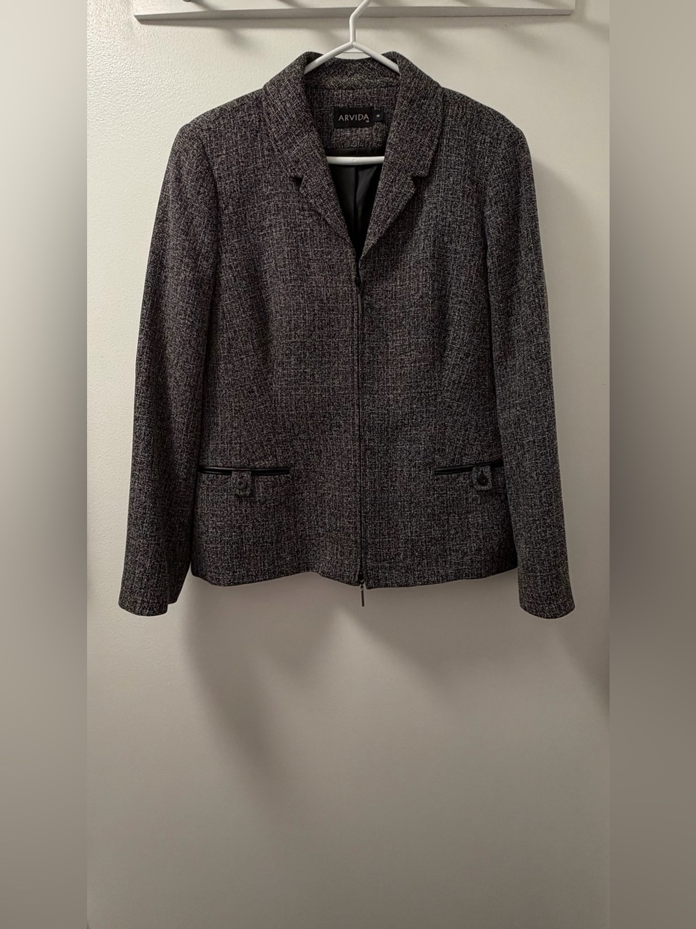 Arvida Black White Tweed Zip-Front Blazer Jacket Size 14